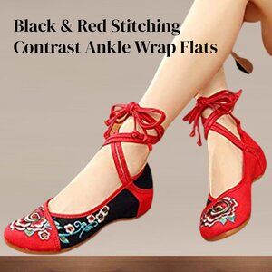 Black & Red Embroidered Floral Stitching Tassel Ankle-Wrap Oriental Ballet Flats